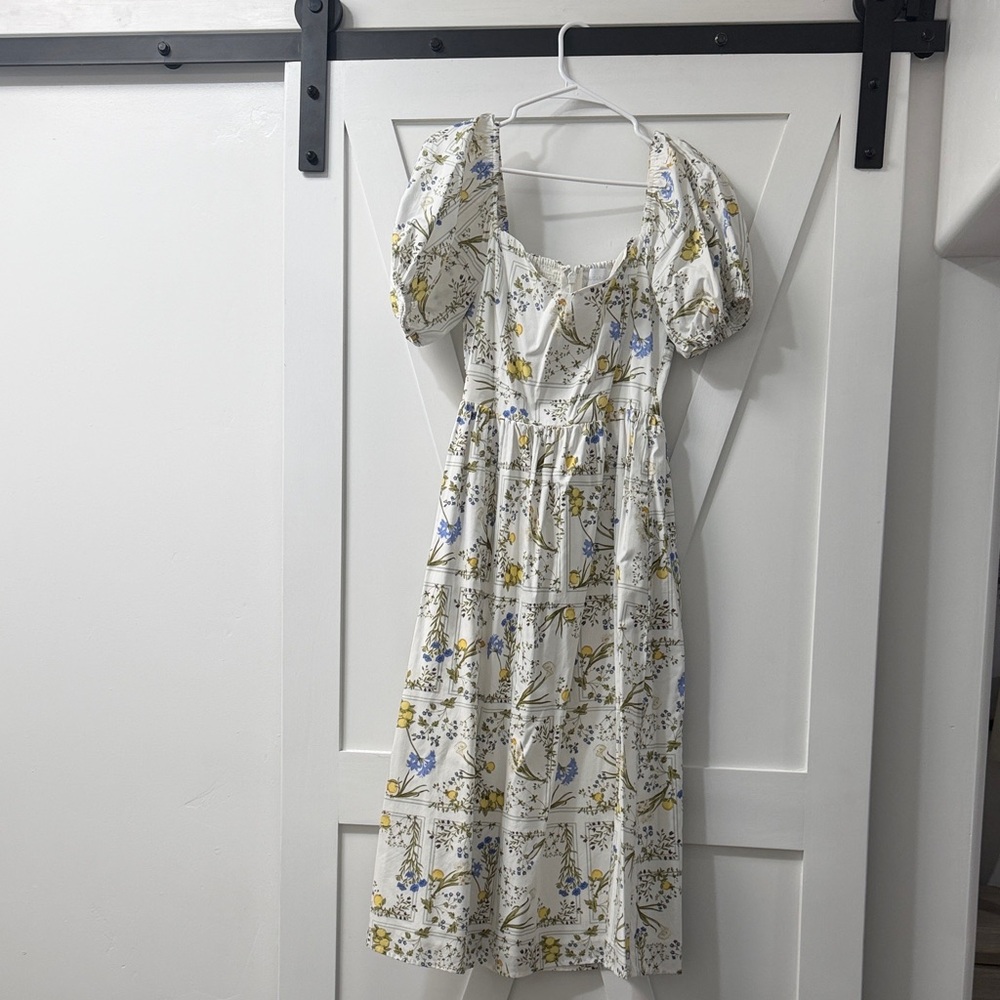 Sugarlips White Floral Puff-Sleeve Midi Dress with Blue & Yellow Accents
